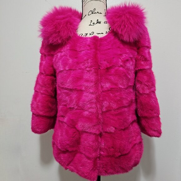 New Real Paneled MINK Fur Coat Jacket Stole Hot Pink Fuchsia Magenta Fox Collar - Picture 1 of 6